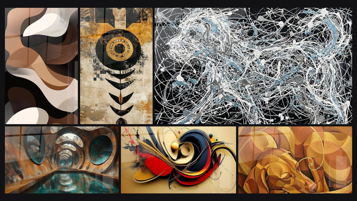 Mosaïque de six tableaux, dont Abstrait africain vagues sculptées, Abstrait africain soleil tribal et Abîme Lumineux Oxydé