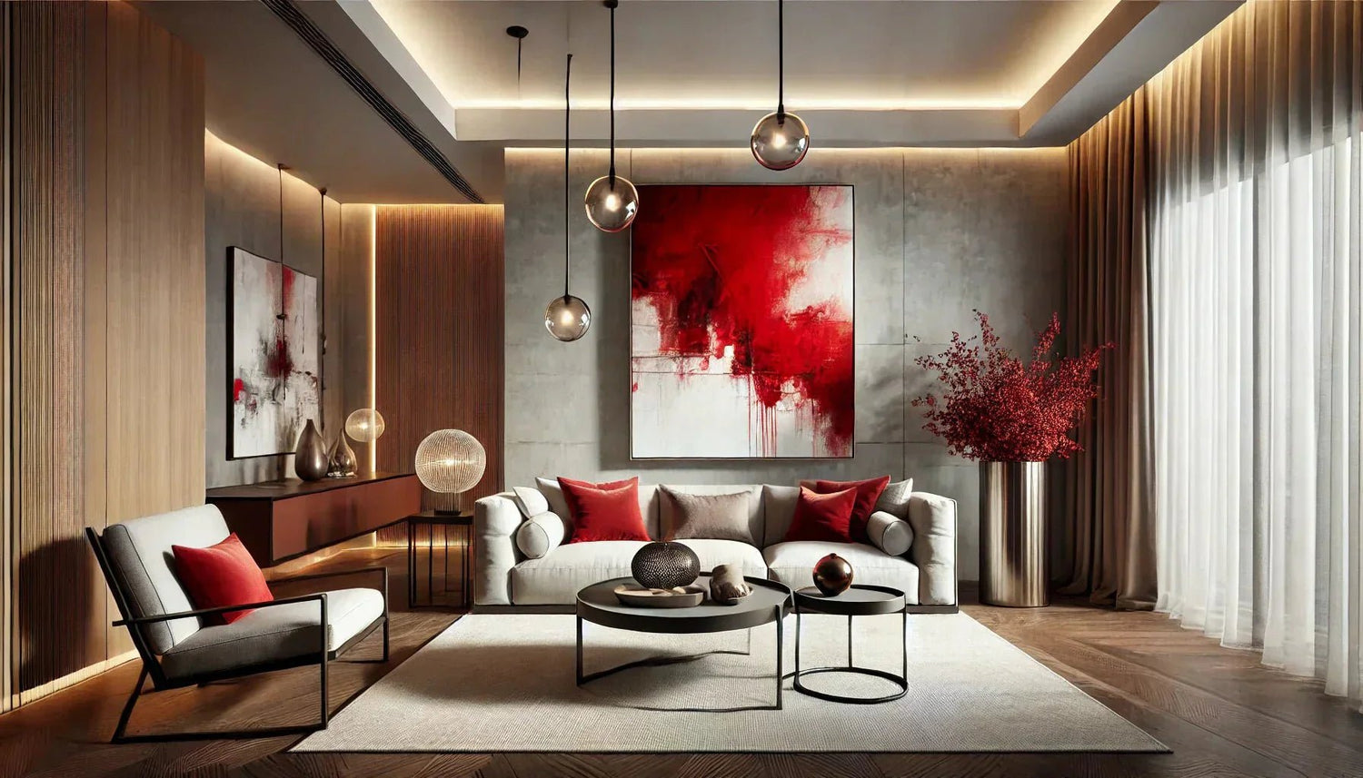 Tableau abstrait rouge moderne dans un salon contemporain avec une décoration élégante et un éclairage subtil.