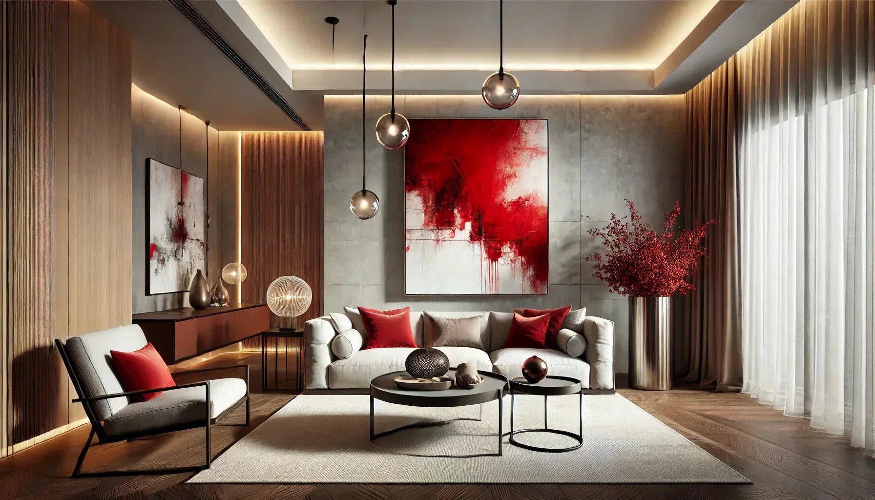 Tableau abstrait rouge moderne dans un salon contemporain avec une décoration élégante et un éclairage subtil.