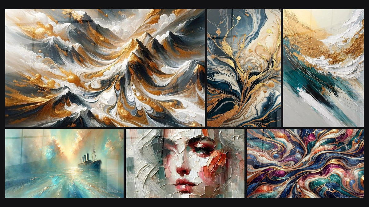 Mosaic of six paintings, including Golden Crests, Heart of the Breeze and Close to the Skin