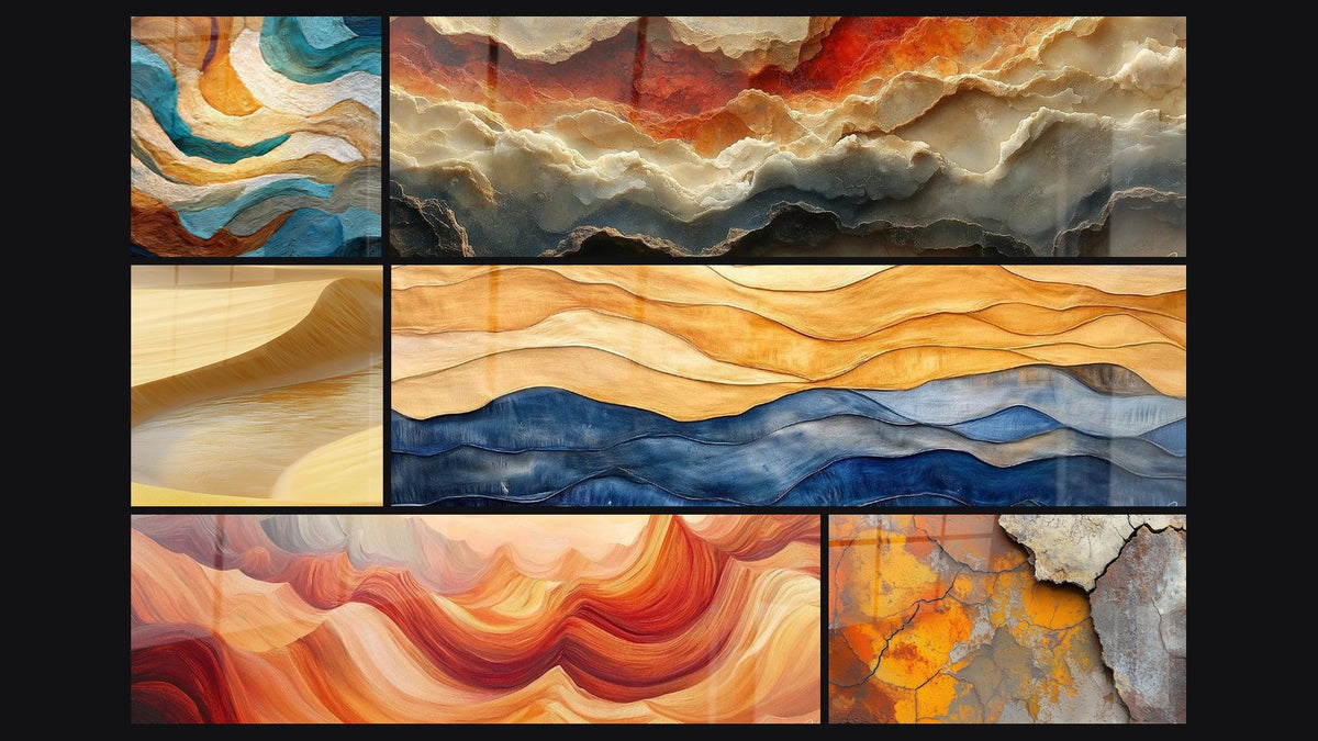 Mosaïque de six tableaux, dont Ondes fluides dorées et turquoise, Mirage Doux Miel et Dunes Océan Bleu