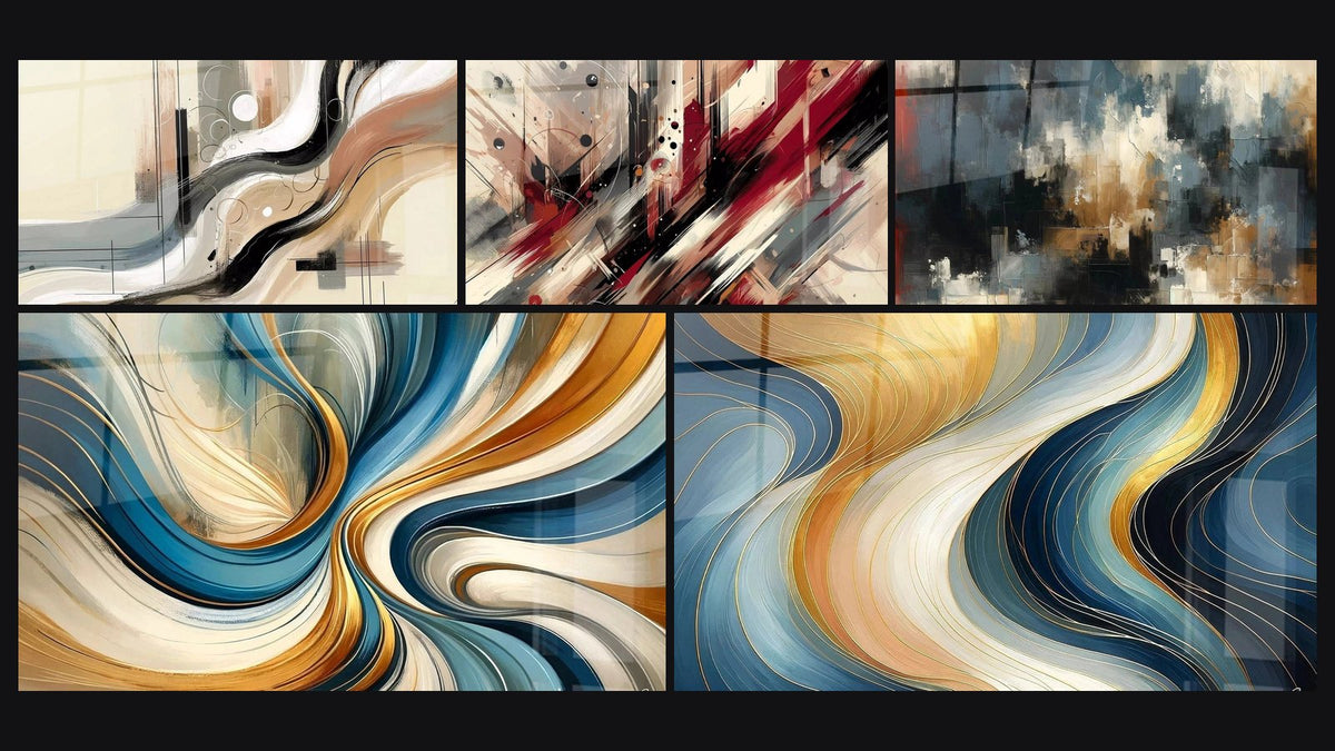 Mosaic of five paintings, including Sillage Abstract, Elegant Spirals and Waves in Gold and Blue