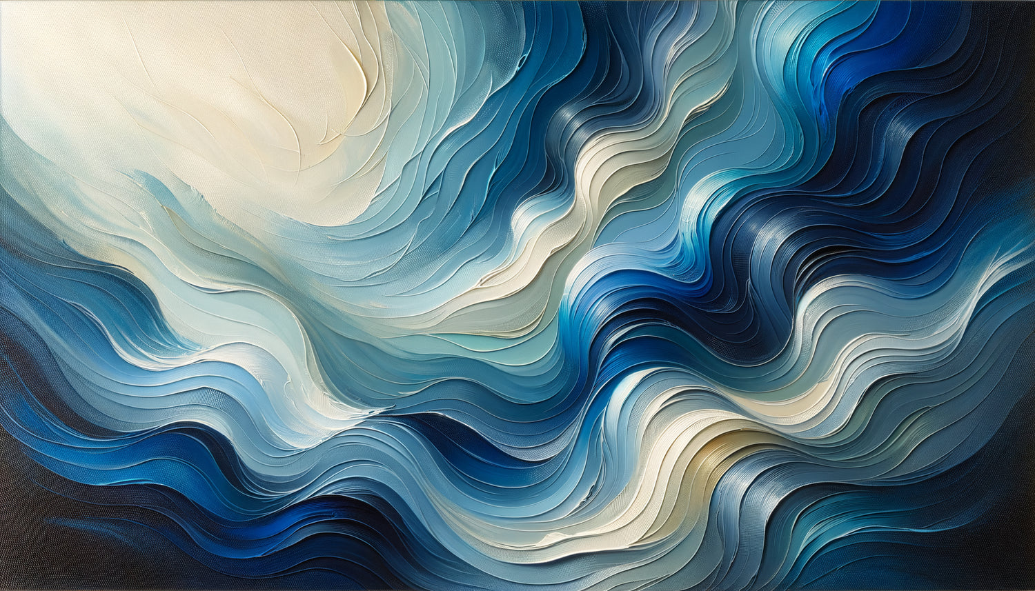 Tableau abstrait contemporain aux multiples nuances de bleu avec textures douces et formes organiques apaisantes