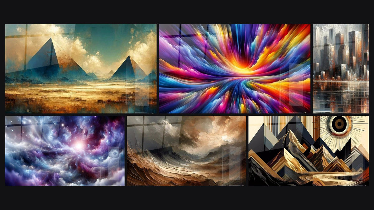 Mosaïque de six tableaux, dont Les Mystères des Sables, Naissance d'un Soleil Polychrome et Essence de Lumière Céleste