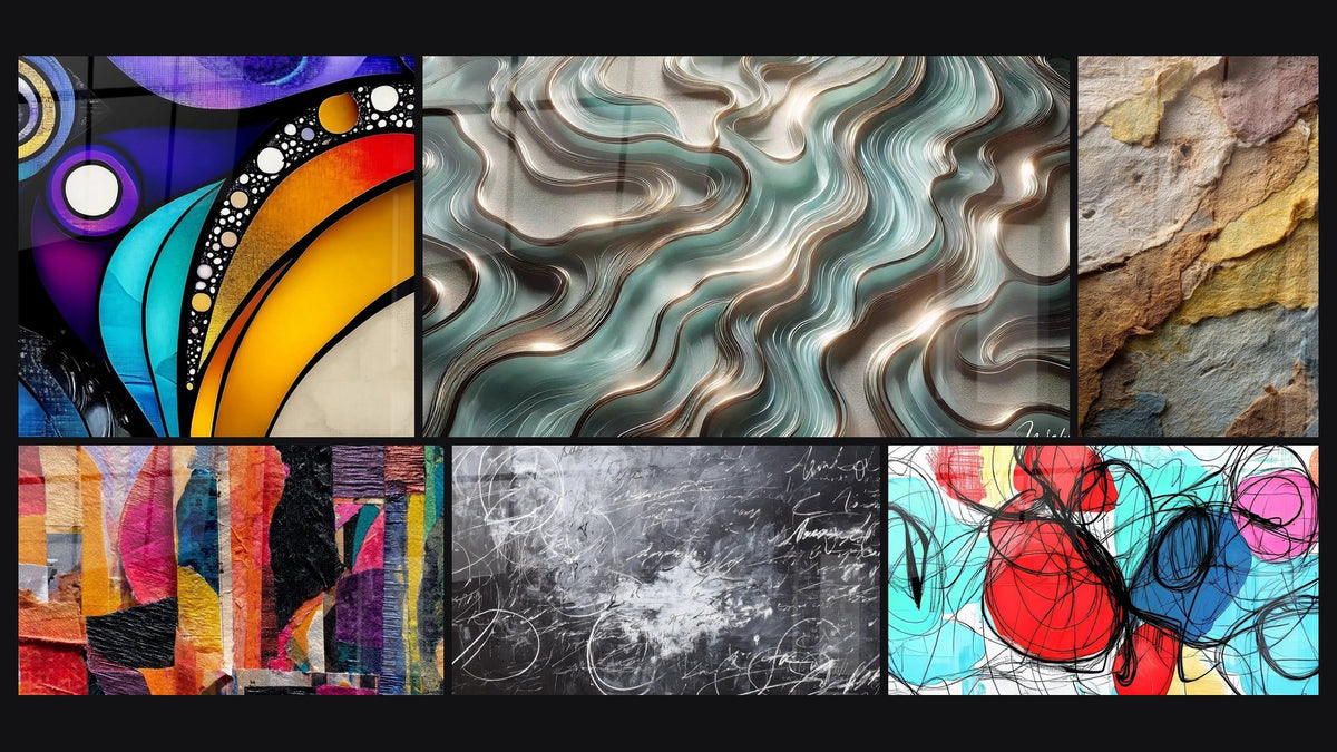 Mosaic of six paintings, including Contemporary Abstract, Ethereal Curves and Geological Strata