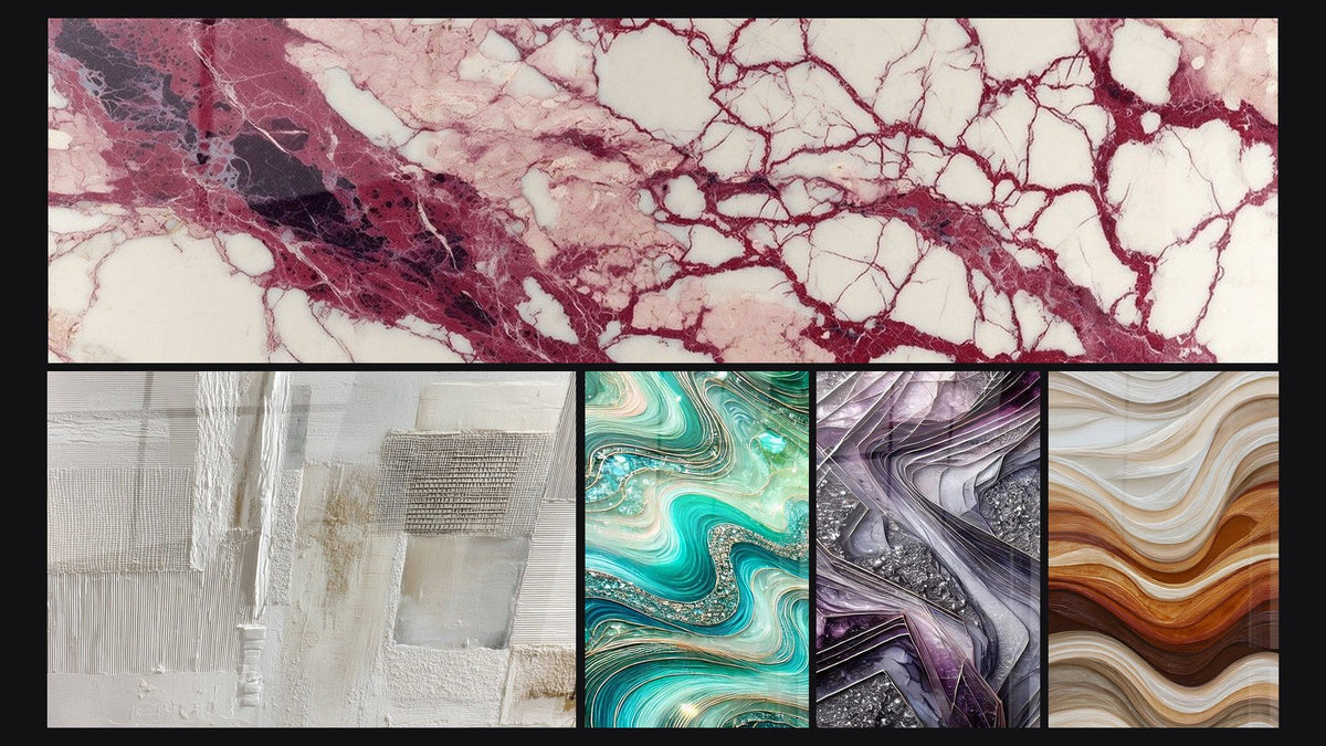 Mosaic of five paintings, including Purple Veins and Cream on Ecru Background, Crystalline Waves and Quartz Blades