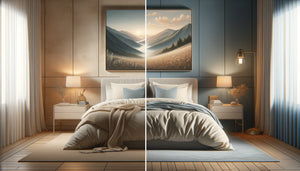 Chambre contemporaine montrant la différence entre tableau abstrait apaisant et paysage réaliste stimulant au-dessus du lit