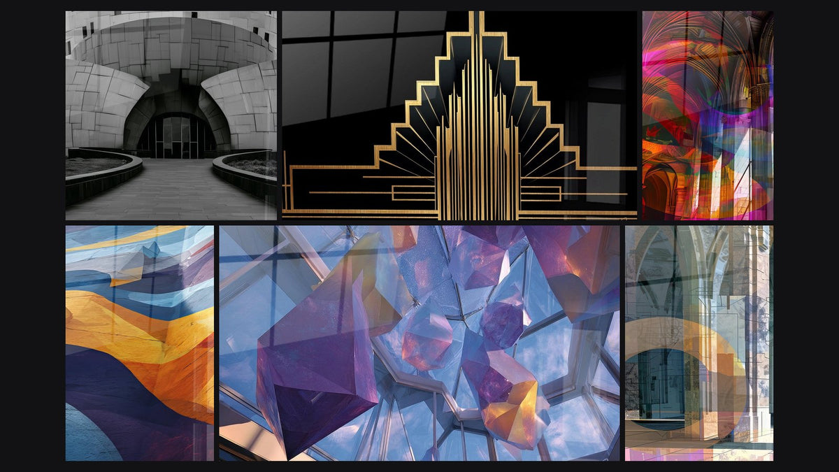 Mosaic of six paintings, including Building Gray and Black Arch Futuristic and Deco Architecture