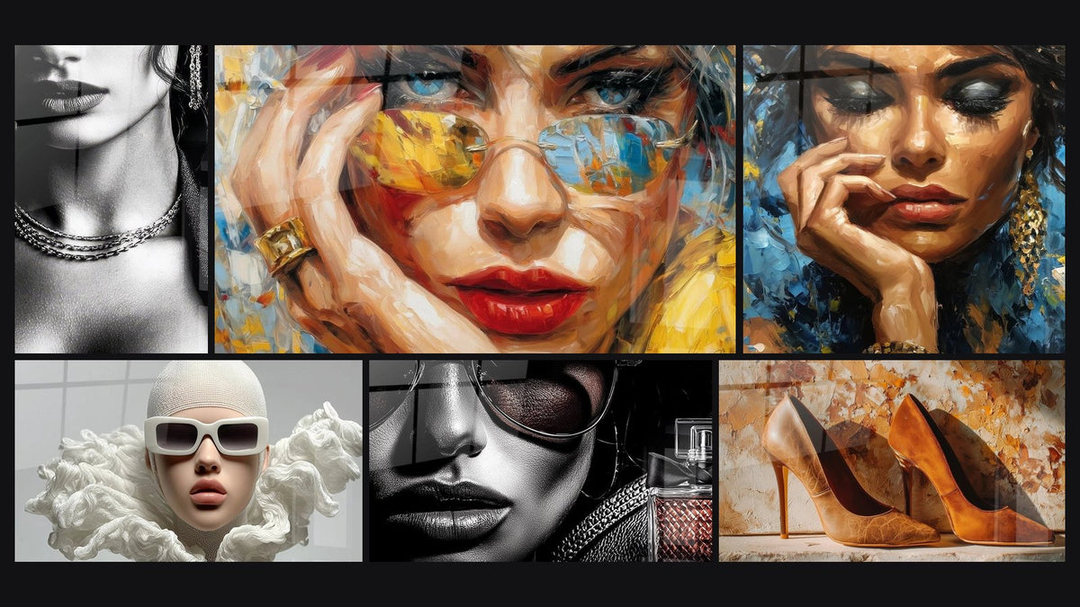 Mosaïque de six tableaux, dont Beauté Féminine, Lunettes Dorées et Mode Avant-garde
