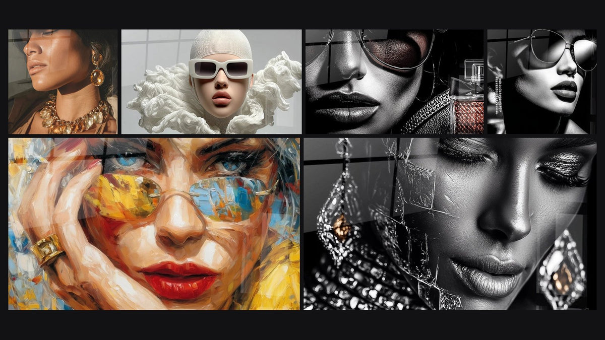 Mosaïque de six tableaux, dont Portrait Luxueux, Lunettes Dorées et Mode Avant-garde
