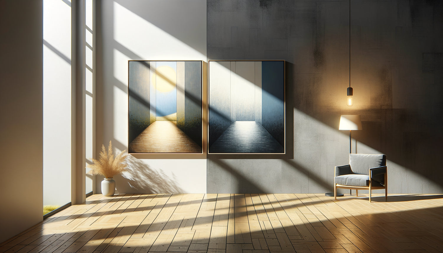 Tableau moderne montré dans trois conditions de luminosité naturelle différentes pour démontrer son adaptabilité lumineuse