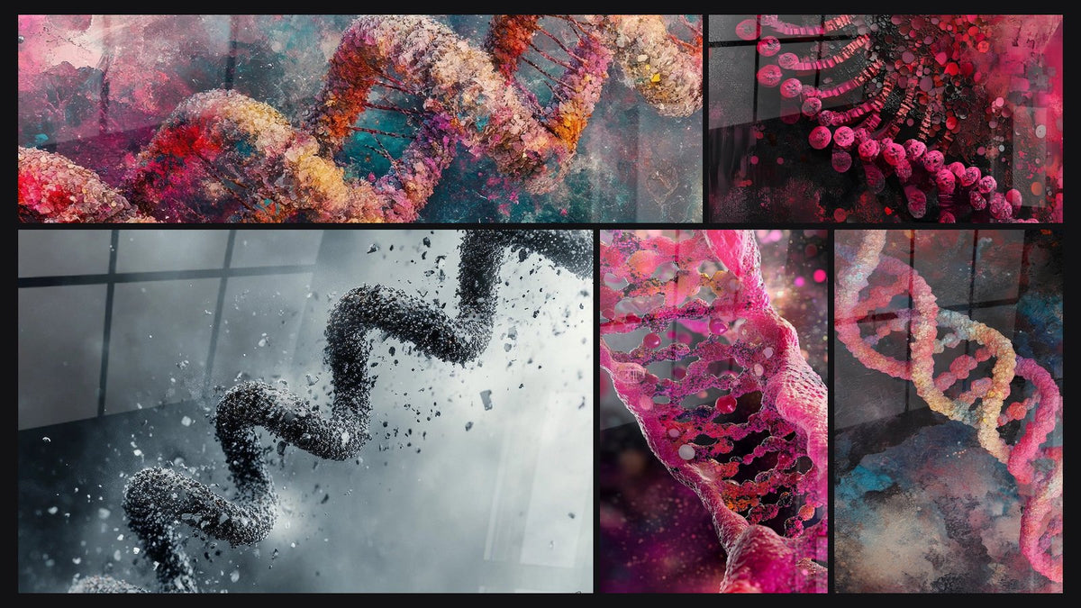 Mosaïque de cinq tableaux, dont Hélice ADN abstraite, ADN abstrait et Hélice ADN en Désintégration