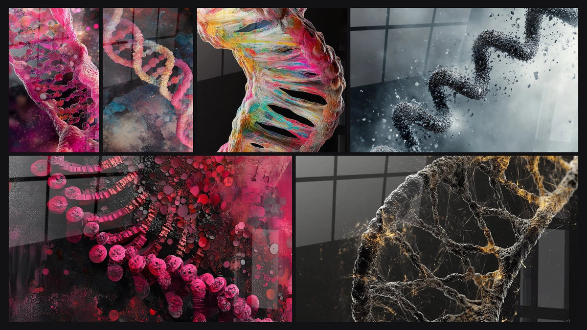 Mosaico de seis cuadros, entre ellos ADN rosa luminoso, Hélice ADN Colorida y Espiral de ADN abstracto