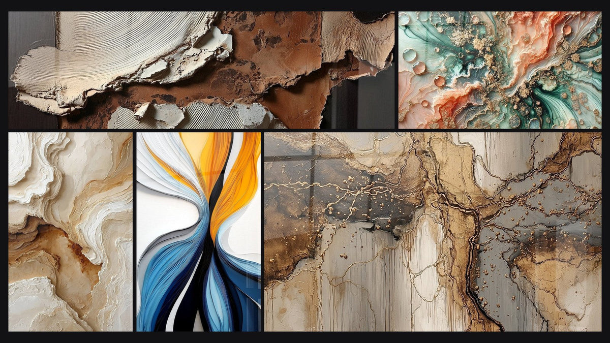 Mosaïque de cinq tableaux, dont Textures abstraites terre et blanc cassé et Abstrait Texturé Beige et Ocre