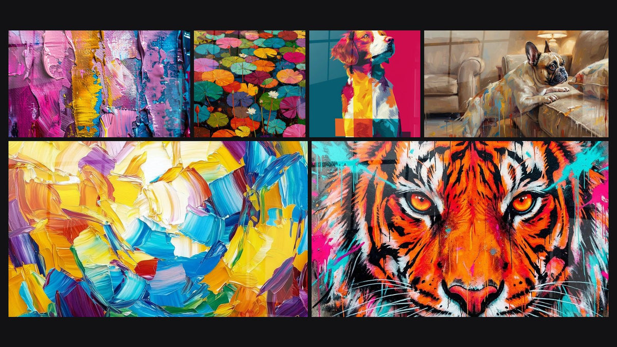 Mosaïque de six tableaux, dont Couleurs vives abstraites et Explosion de couleurs vives