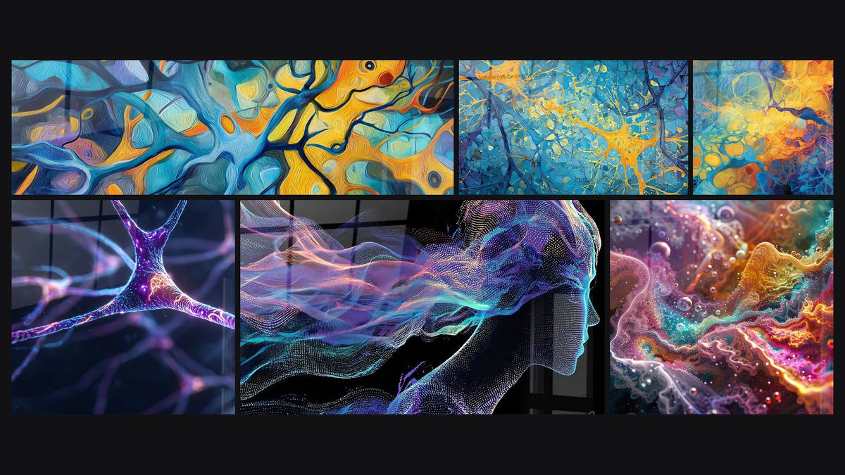 Mosaic of six paintings, including Abstract Neural Network, Neural Network and Luminous Neuron