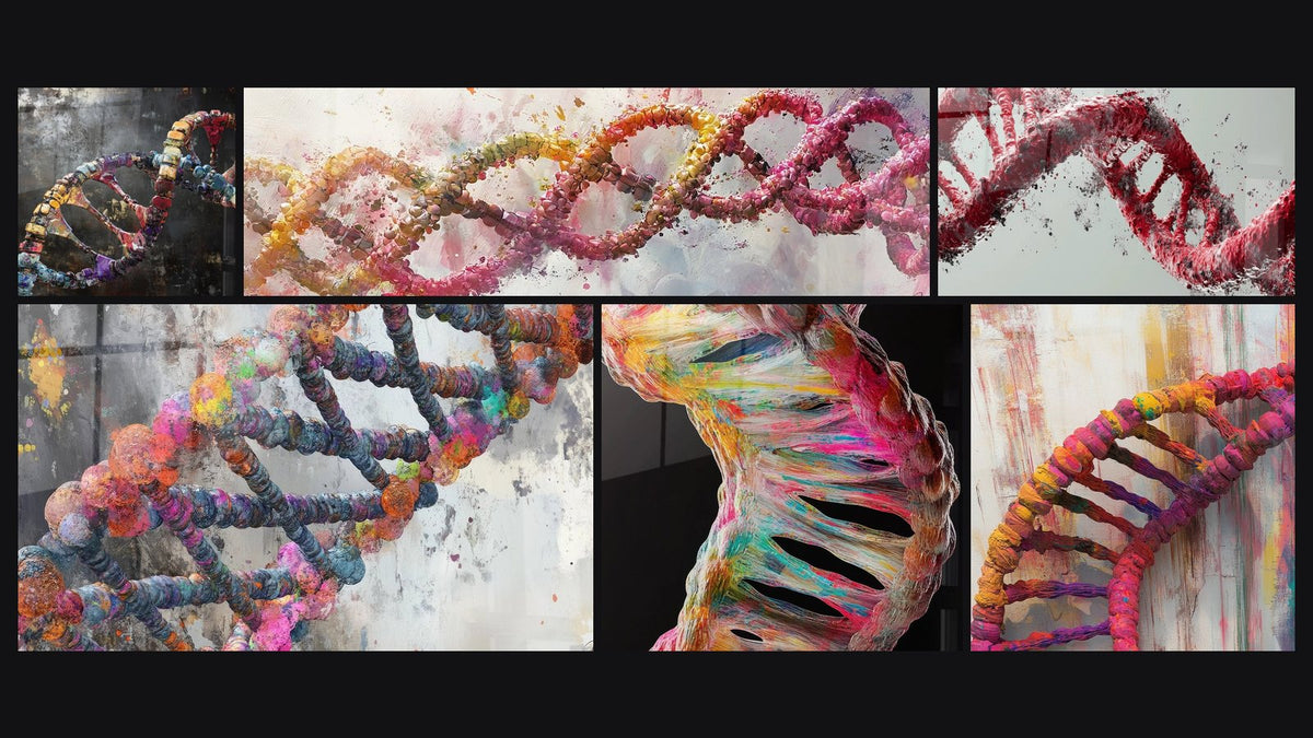 Mosaico di sei quadri, tra cui A elica di DNA colorato, Elica DNA acquerello e ADN colorata