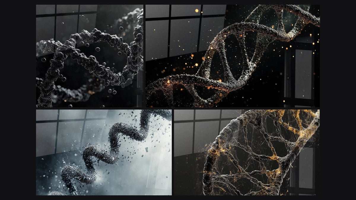 Mosaico di quattro quadri, tra cui Elica DNA Nero e Bianco, ADN luminosa doppia elica e Elica DNA in Disintegrazione