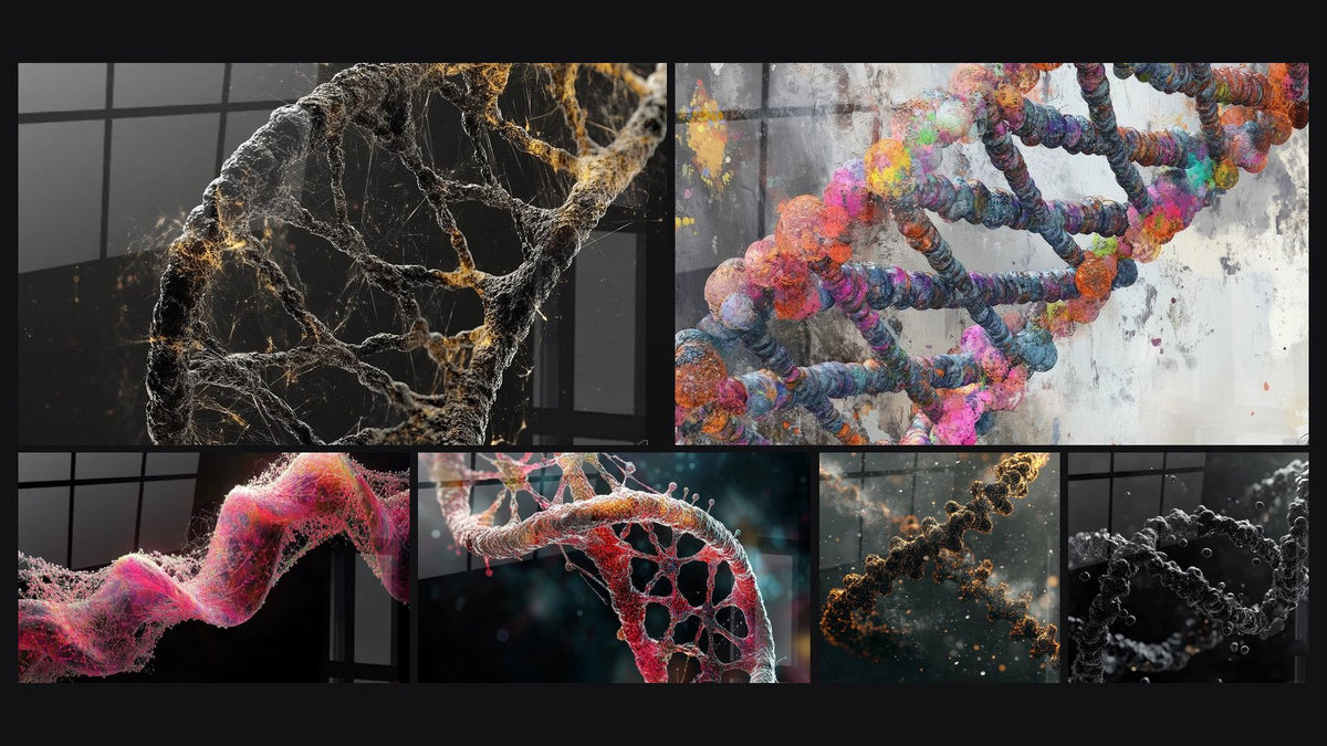 Mosaico di sei quadri, tra cui ADN dorata, A elica DNA rosa e ADN colorata