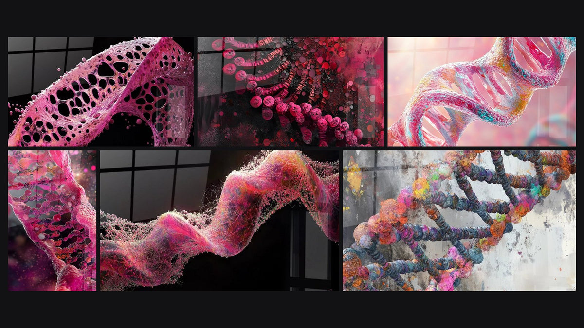 Mosaico di sei quadri, tra cui Struttura molecolare rosa, ADN astratto e ADN rosa luminosa