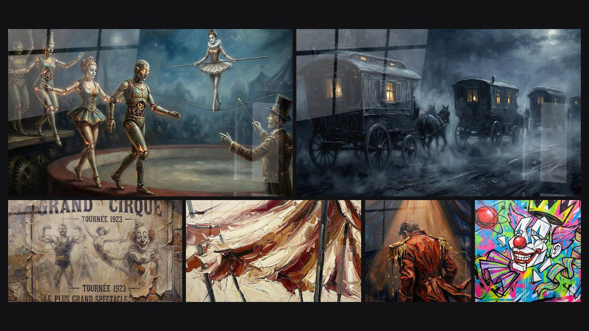Mosaic of six paintings, including Circus Automata, Vintage Circus and Moving Big Top
