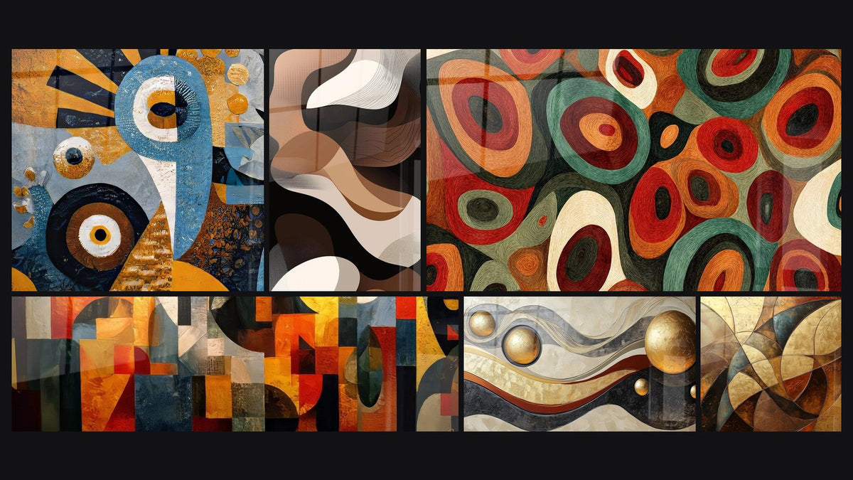 Mosaïque de six tableaux, dont Art abstrait africain, Abstrait africain vagues sculptées et Art abstrait géométrique