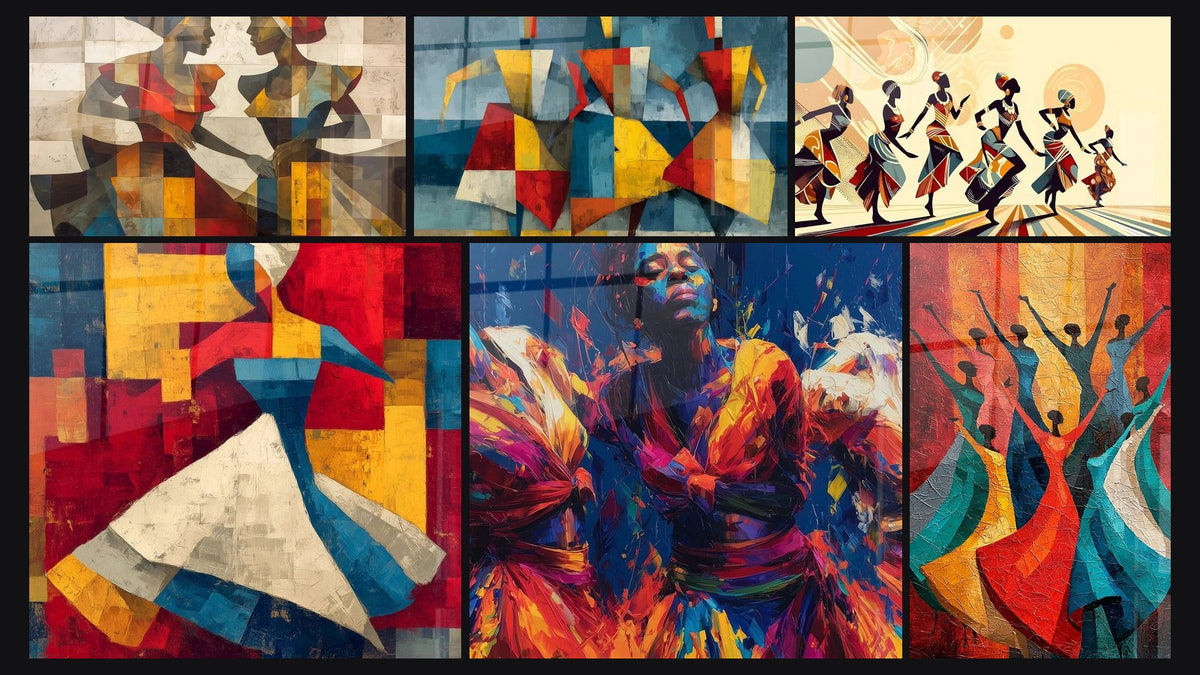 Mosaïque de six tableaux, dont Danseurs Joie communautaire, Danseurs Battements rituels et Danseuse Ngoma puissant