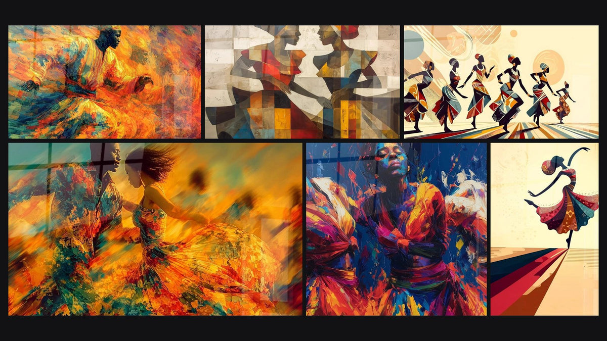 Mosaïque de six tableaux, dont Danseur Parures ethniques, Danseurs Hanches Rythmées et Danseurs Joie communautaire