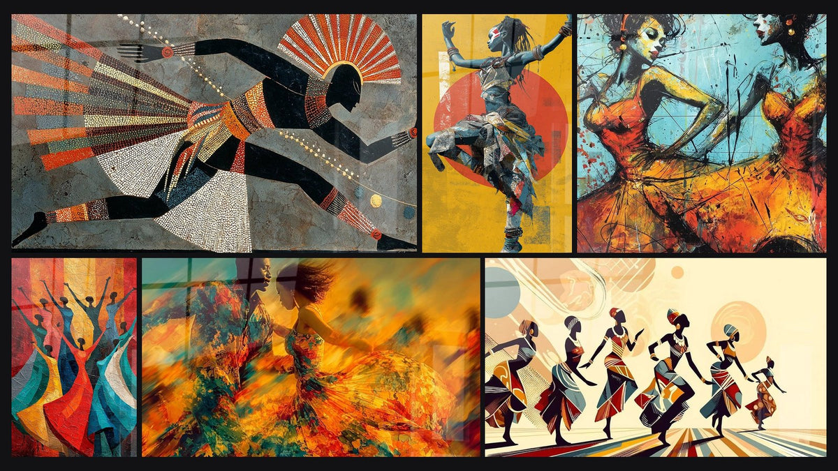 Mosaïque de six tableaux, dont Danseur Africain Stylisé, Danseur Tribal et Danseuses Africaines
