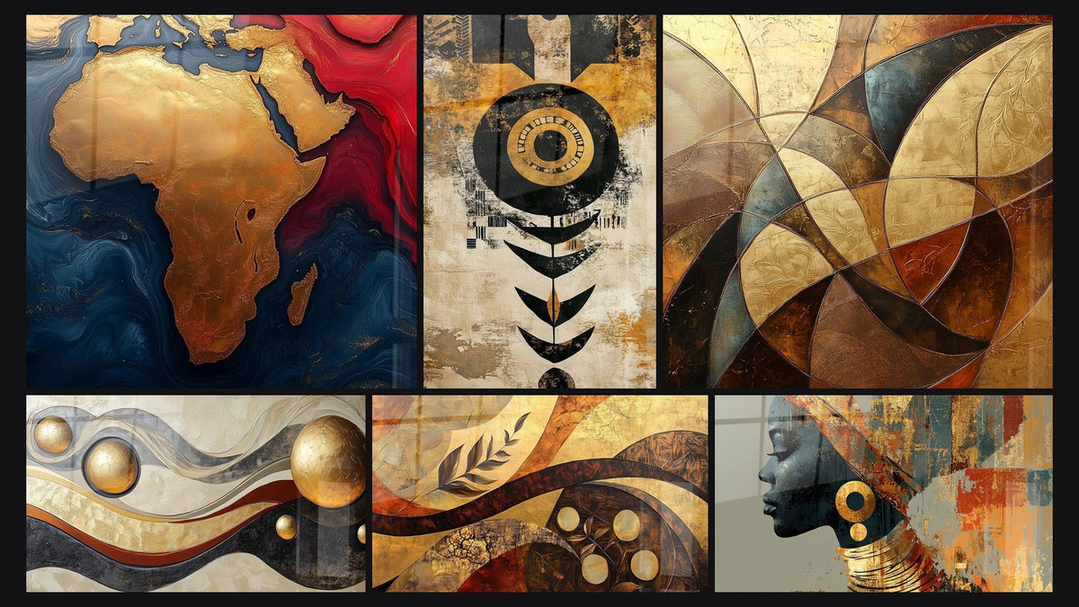 Mosaïque de six tableaux, dont Afrique Terres dorées, Abstrait africain soleil tribal et Africain Rythmes entrelacés