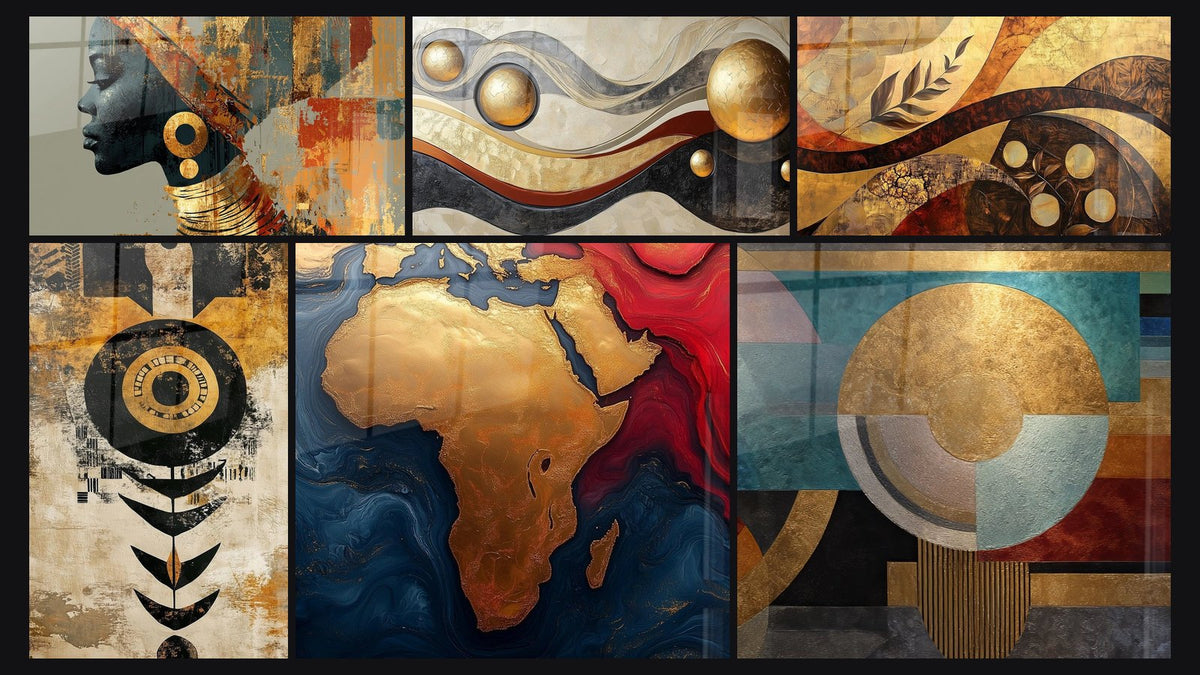 Mosaïque de six tableaux, dont Femme Africaine, Abstrait africain soleil tribal et Afrique Terres dorées