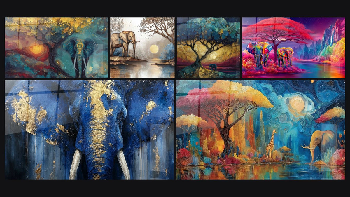Mosaïque de six tableaux, dont Éléphant Porteur de légendes sahel et Éléphant Titan sous l'arbre à palabres