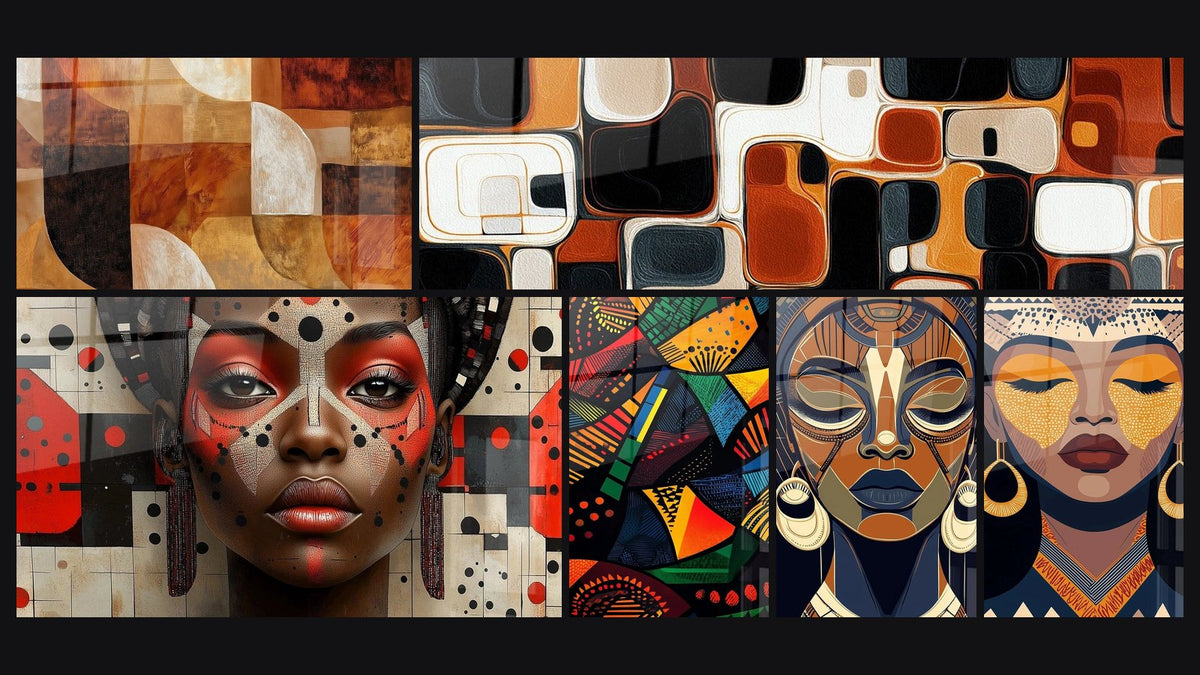 Mosaïque de six tableaux, dont Formes Géométriques Ocre et Terre Brûlée et Formes Géométriques