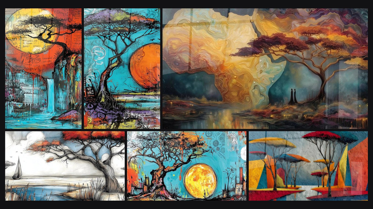 Mosaïque de six tableaux, dont Arbre Sculpté par les tempêtes du désert, Acacia Racines du Temps et Acacia Oasis Secrète