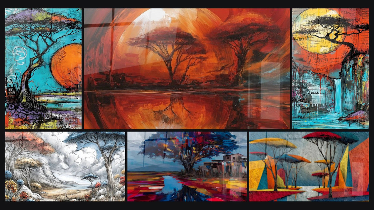 Mosaïque de six tableaux, dont Acacia Racines du Temps, Arbres Racines du Rift et Acacias Silhouettes dans l'embrasement