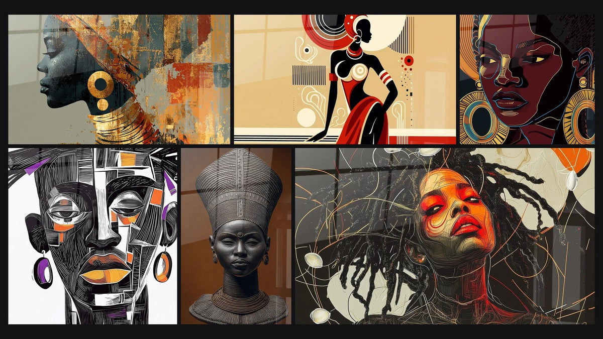 Mosaïque de six tableaux, dont Femme Africaine, Africain Puzzle identitaire et Buste Africain Royal