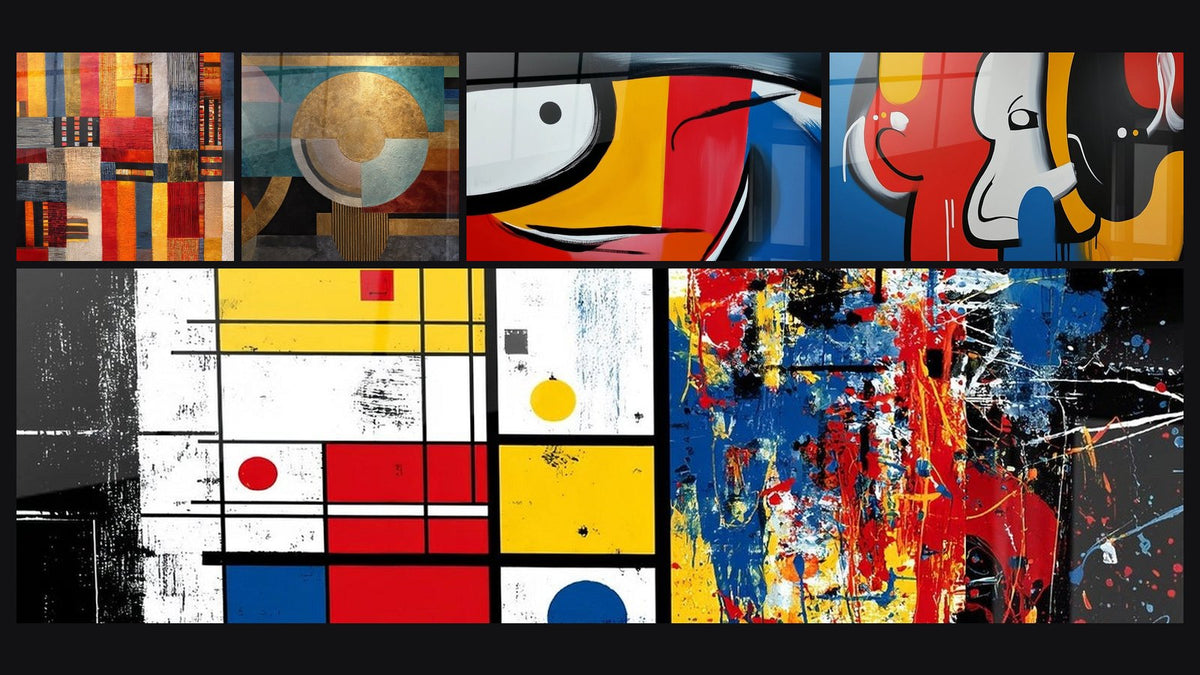 Mosaïque de cinq tableaux, dont Composition géométrique abstraite, Abstrait géométrique doré et Abstrait coloré