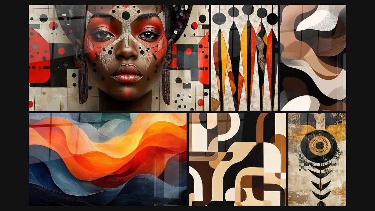 Mosaïque de six tableaux, dont Femme Africaine Beauté géométrique et Abstrait Africain Symphonie orangée