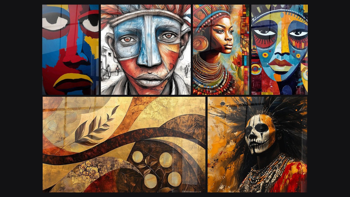 Mosaico di sei quadri, tra cui Viso colorato Sculpteur masaï, Africano Armonia Zafferano e Africano Maestro dei venti