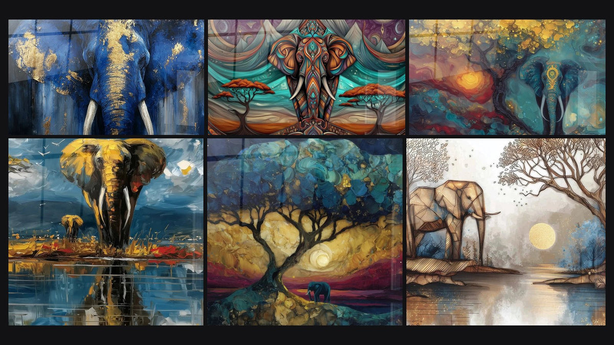 Mosaïque de six tableaux, dont Éléphant Azur Feuille d'Or, Éléphant Géant des terres ocres et Éléphant Mémoire de la Savane