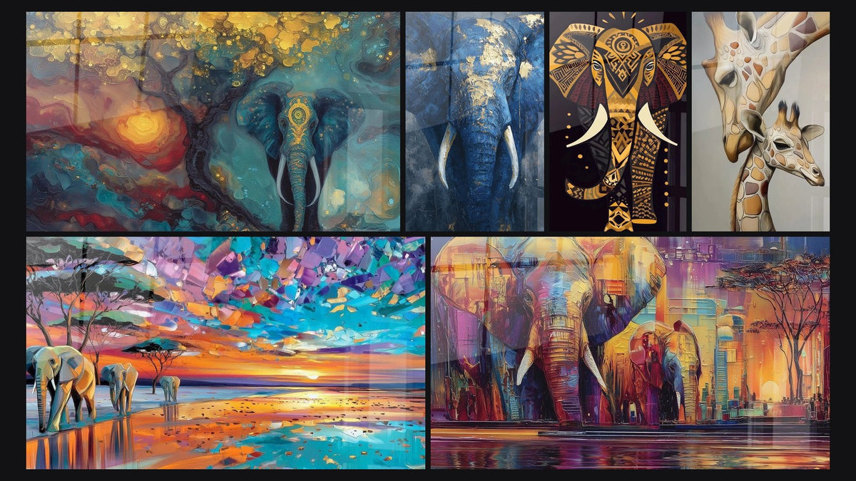 Mosaïque de six tableaux, dont Éléphant Porteur de légendes sahel et Éléphants ciel prismatique