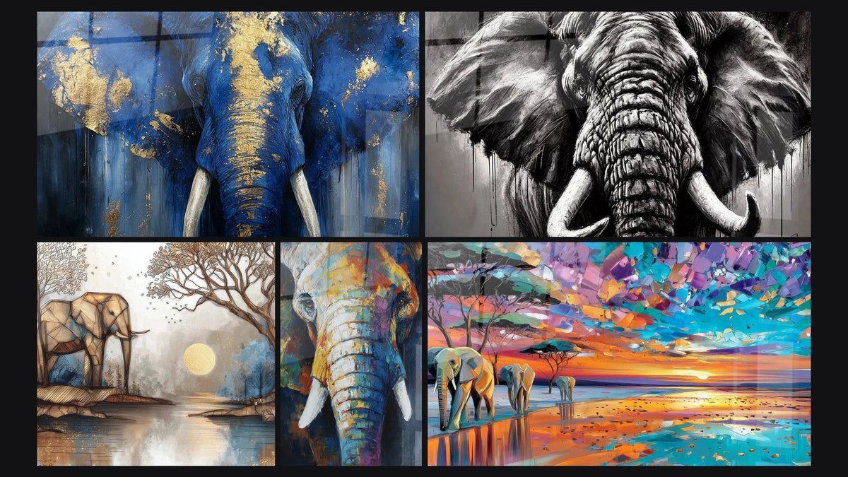 Mosaïque de cinq tableaux, dont Éléphant Azur Feuille d'Or, Éléphant Titan sous l'arbre à palabres et Éléphant Multicolore
