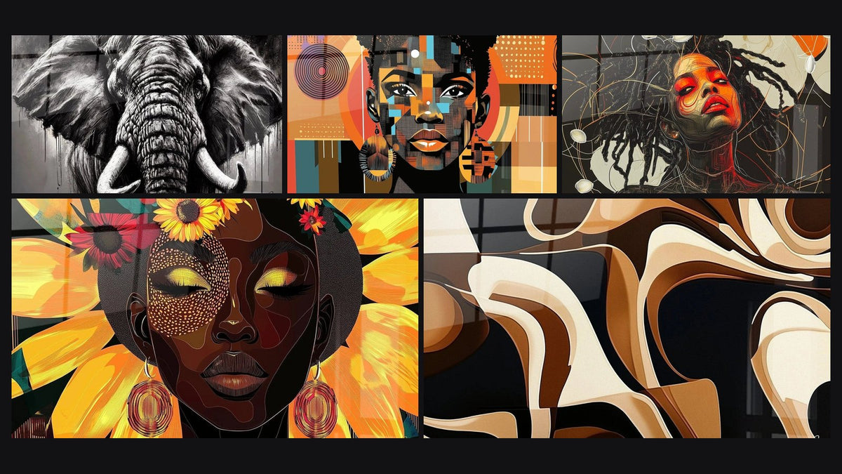 Mosaic of five paintings, including Wild Glory, African Woman Goddess Floral and African Wall Art Visual Melody