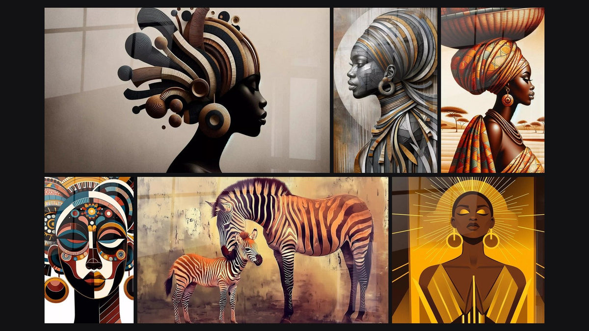 Mosaïque de six tableaux, dont Profil de Noblesse, La Reine de l'Acier et L'essence de l'Afrique