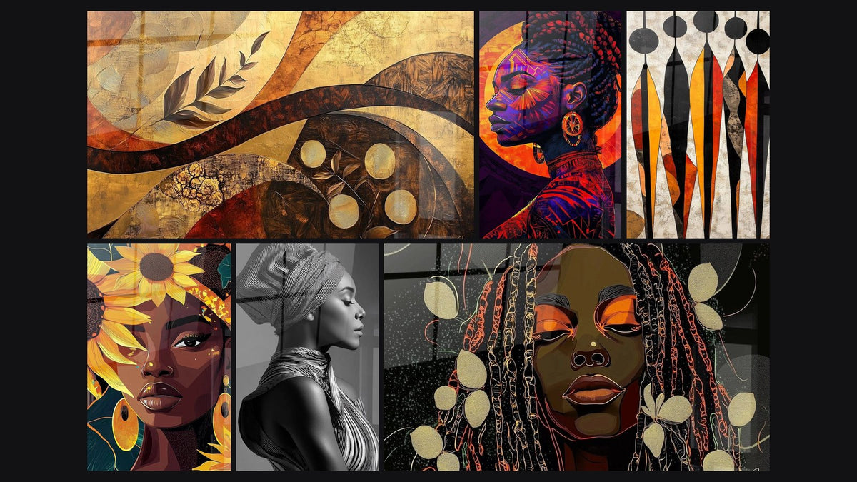 Mosaïque de six tableaux, dont Africain Harmonie safran et Femme africaine Soleil des origines