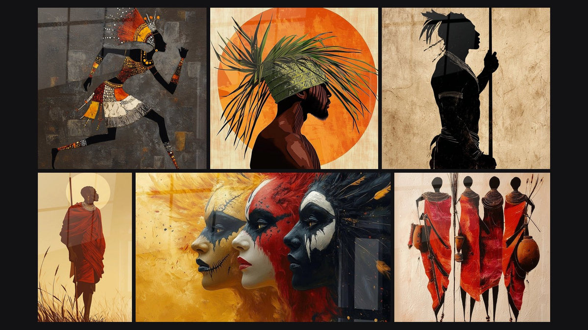 Mosaïque de six tableaux, dont Guerrier Africain, Guerrier Africain force du baobab et Guerrier Africain Silhouette