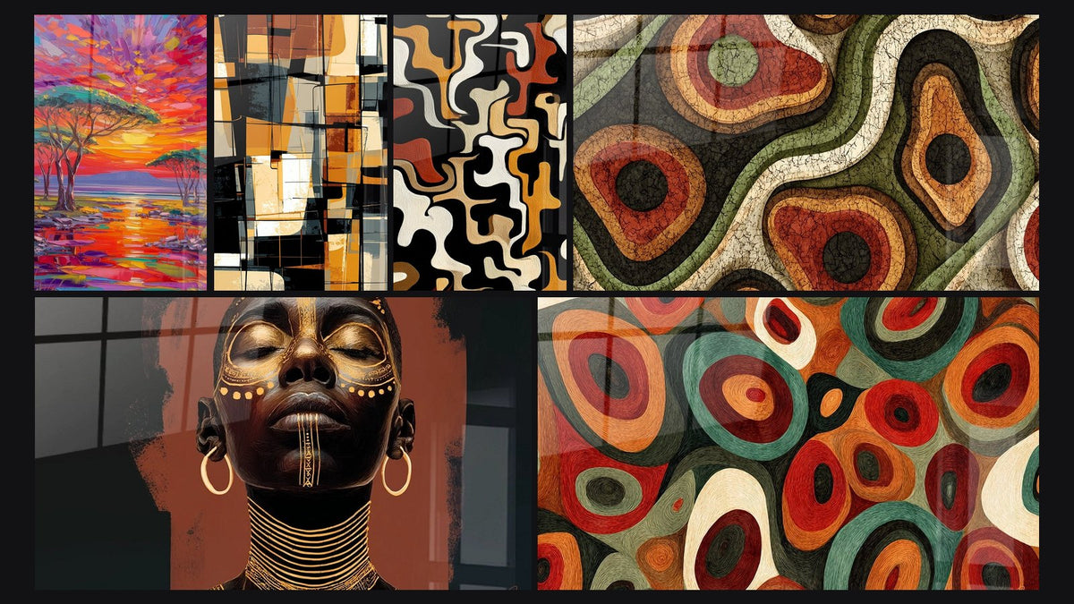 Mosaic of six paintings, including Golden African Woman, Abstract Geometric and Organic Forms