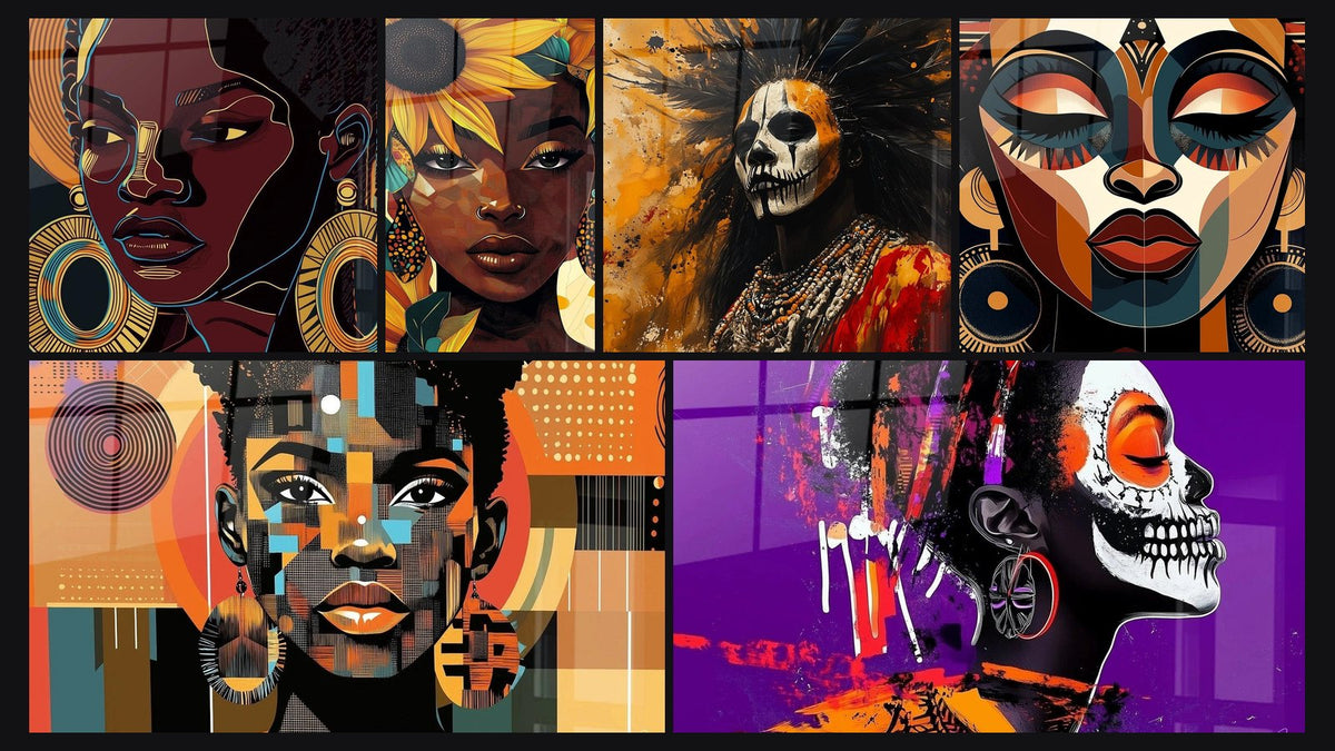 Mosaïque de six tableaux, dont Femme Africaine Âme tribale, Africain Reflets cubiques et Femme Africaine Beauté florale