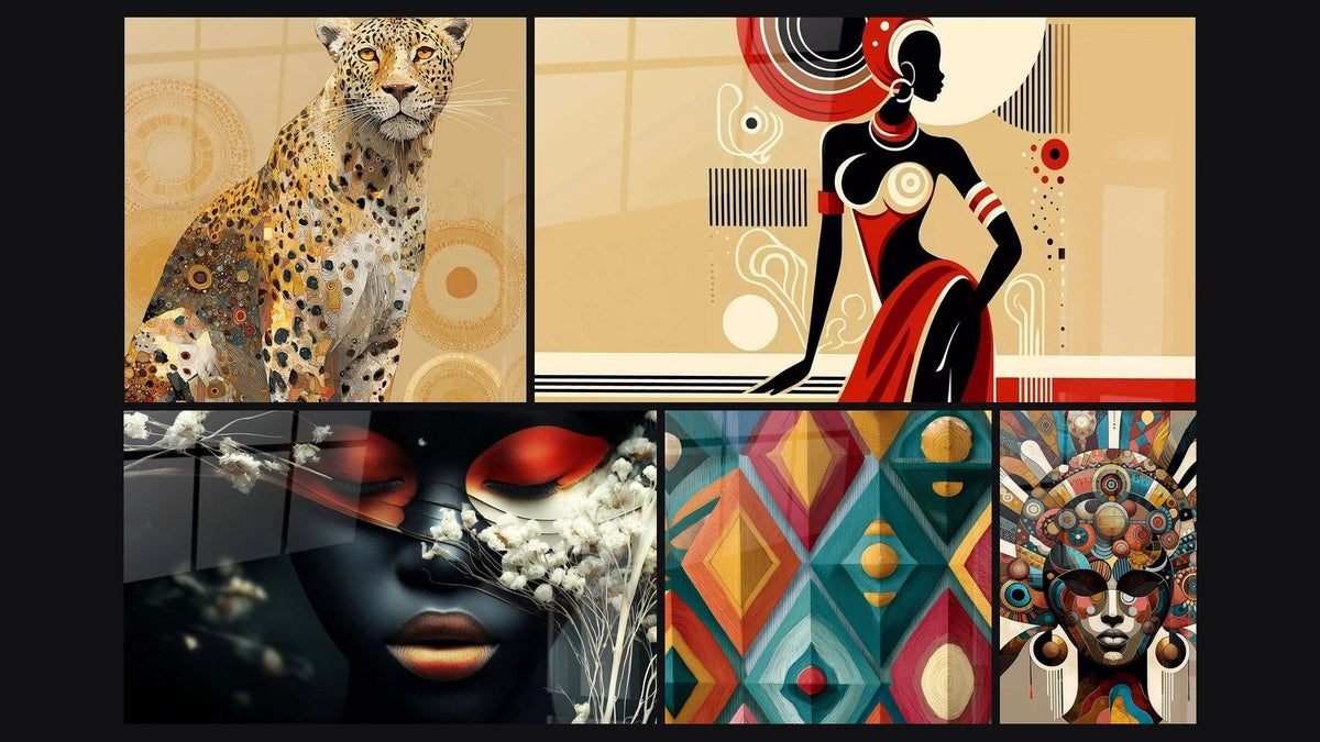 Mosaico di cinque quadri, tra cui Leopardo Dorato, Con sguardo diamante nero e Motivi geometrici africani