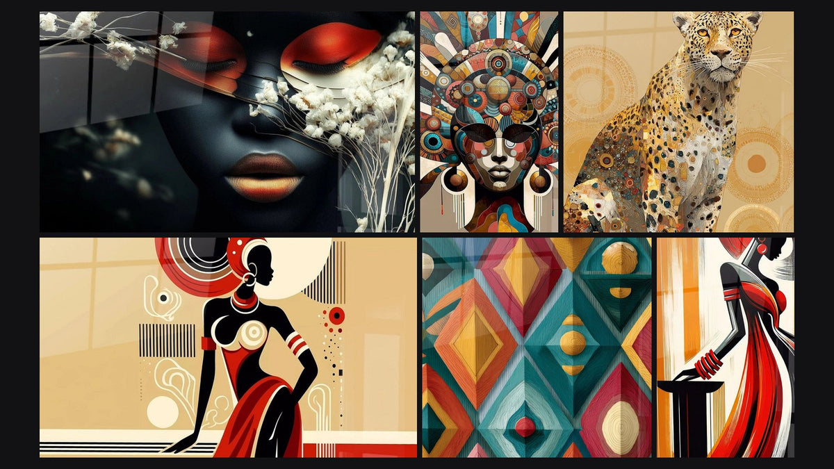 Mosaïque de six tableaux, dont Regard diamant noir, Beauté de l'Afrique et Élégance Africaine